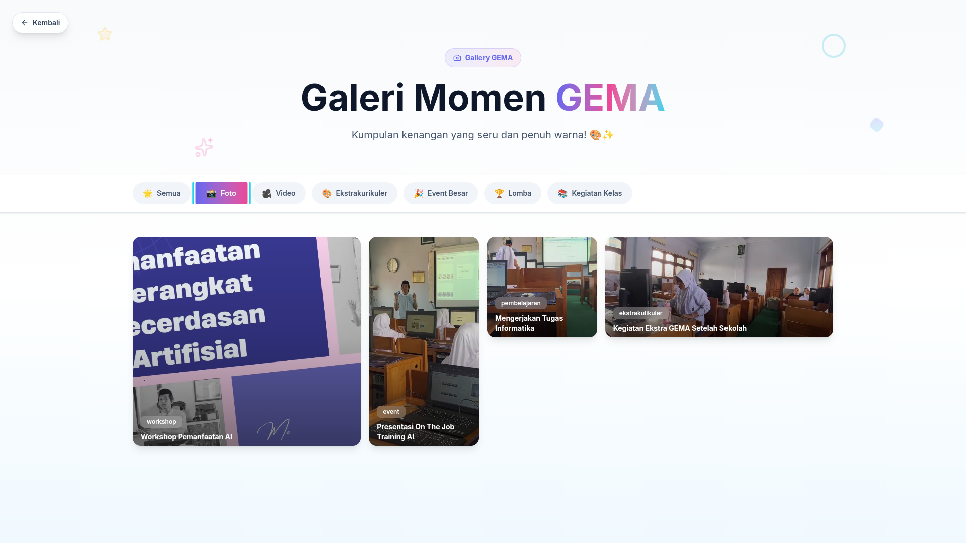 Gallery system dengan Cloudinary CDN mempercepat loading gambar hingga 3x lebih cepat untuk dokumentasi kegiatan.