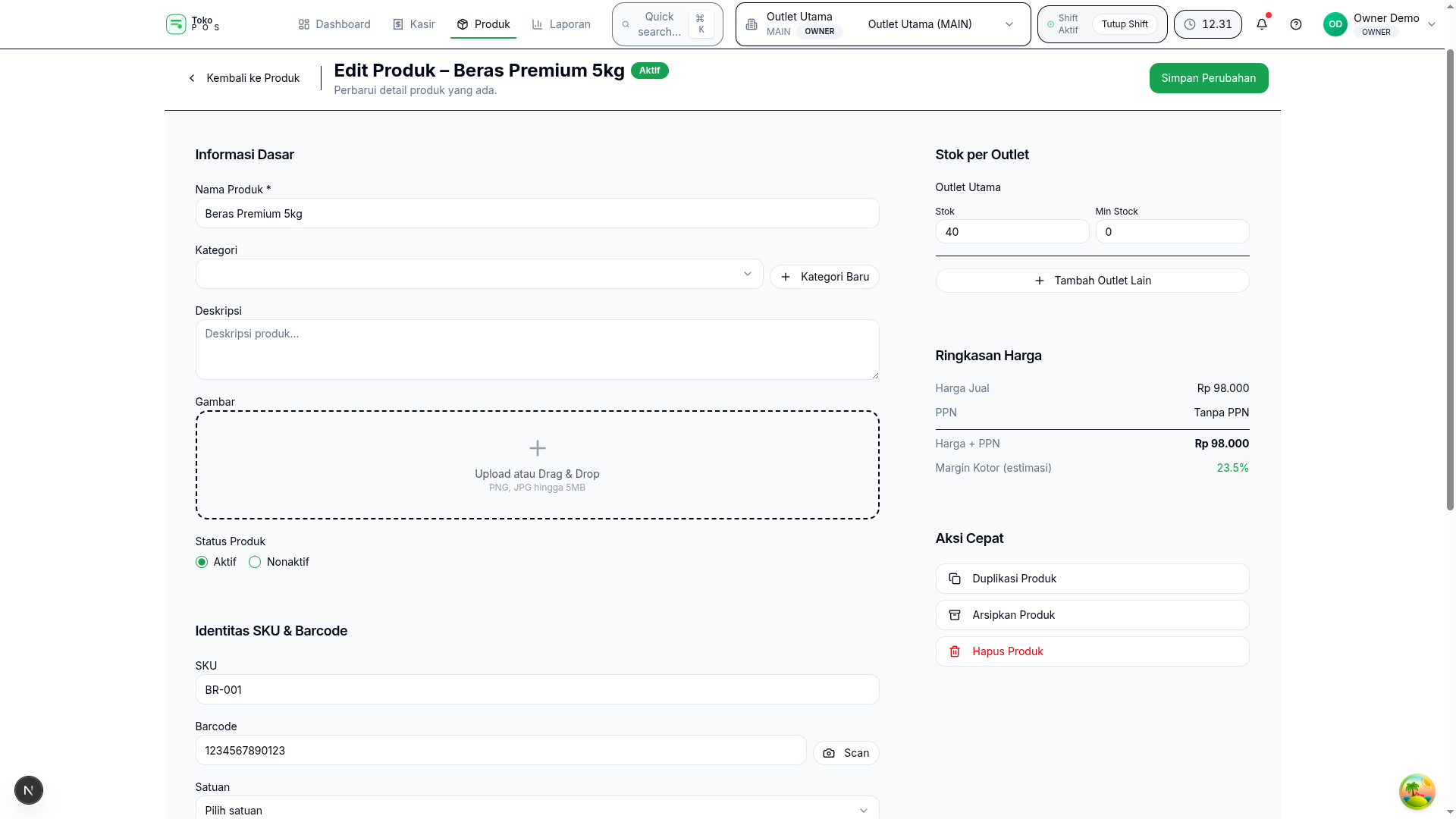 Edit produk dengan mudah termasuk foto, barcode, harga, dan promo dalam satu interface intuitif.